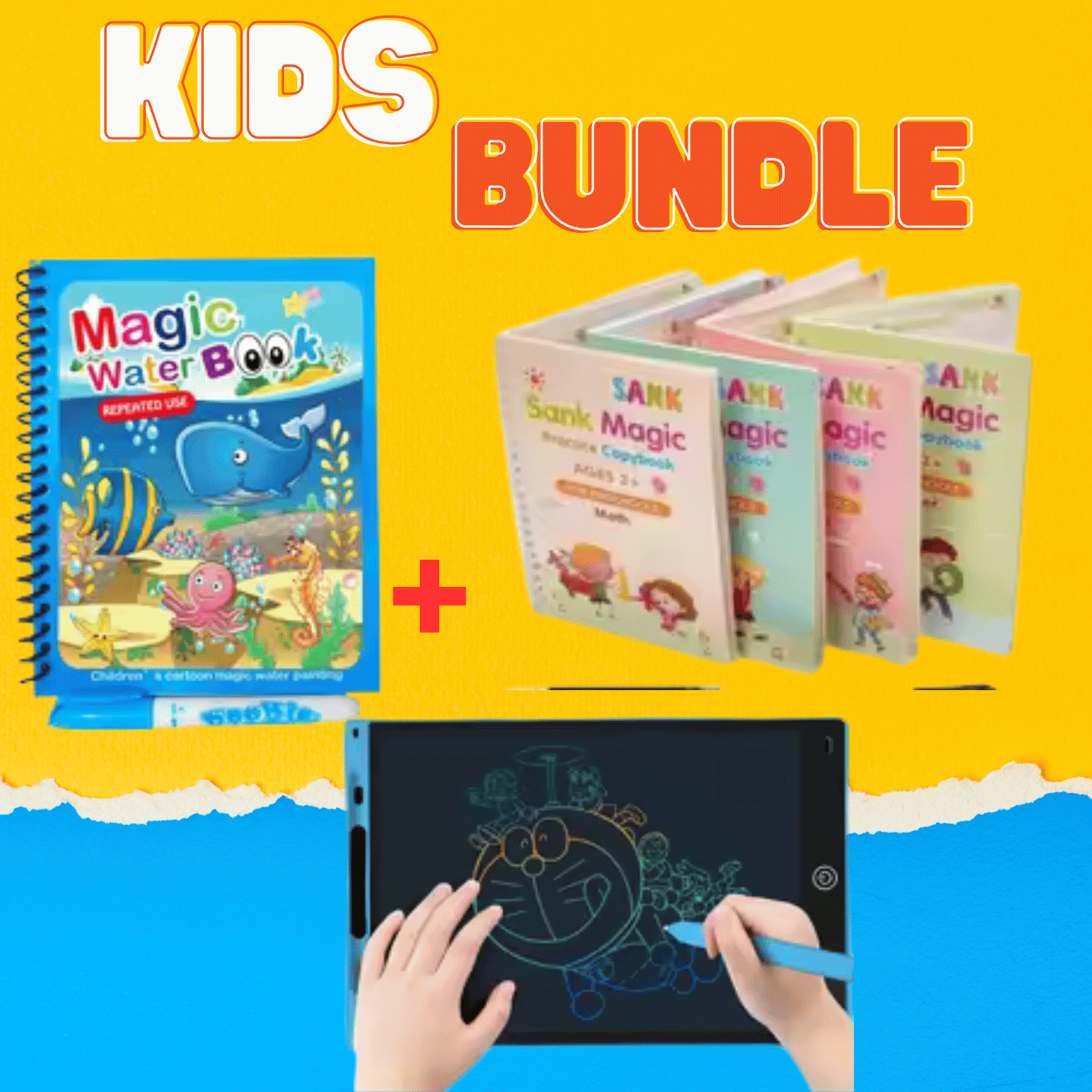 4-in-1 Sank Magic Practice Book + Water Magic Book + 6.5-Inch Multi-Color LCD Writing Tablet