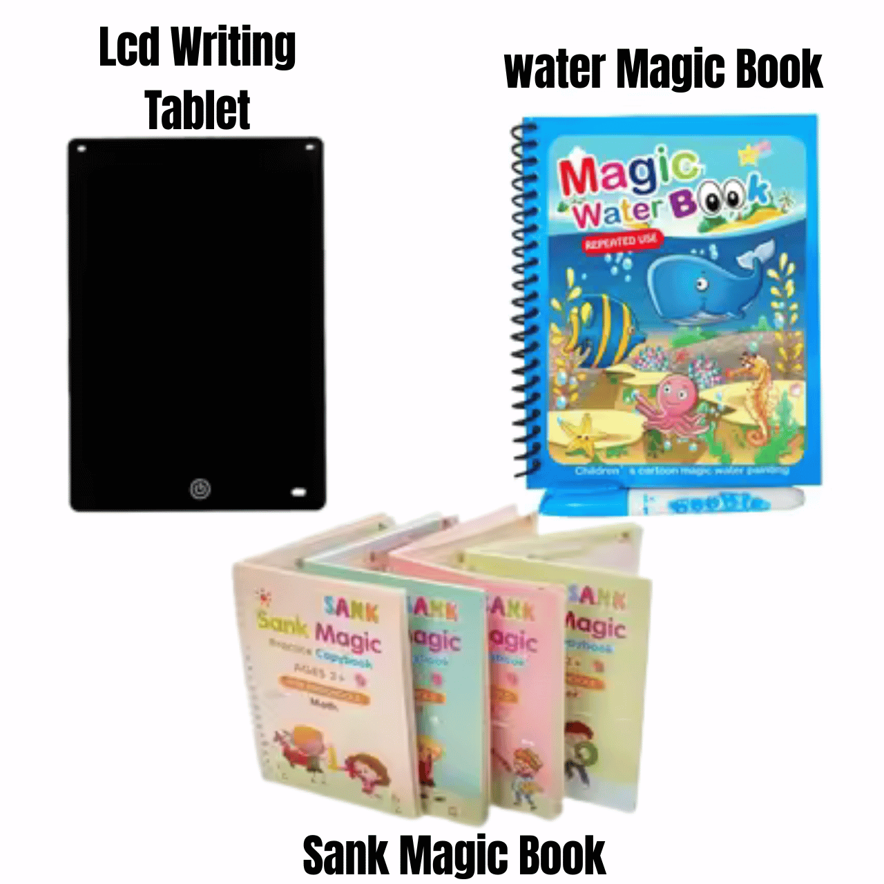 4-in-1 Sank Magic Practice Book + Water Magic Book + 6.5-Inch Multi-Color LCD Writing Tablet