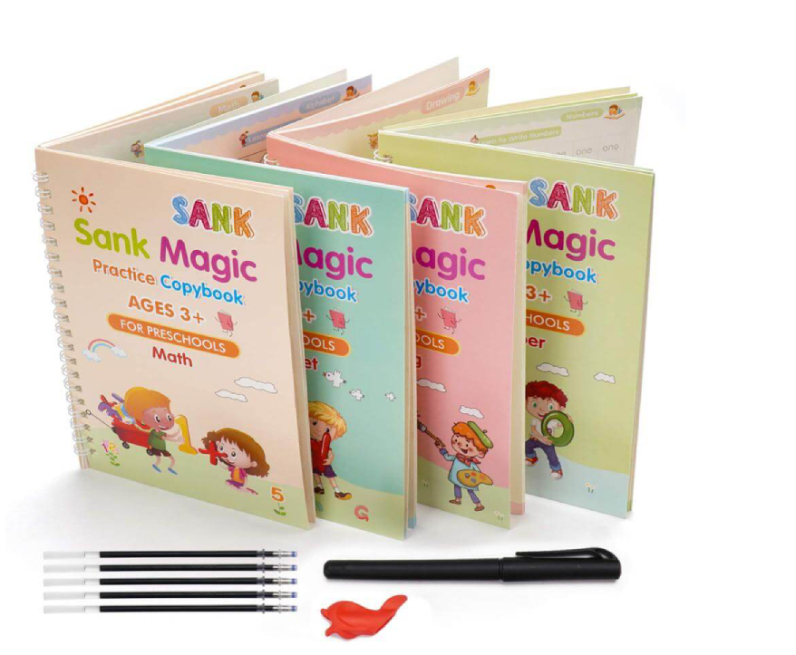4-in-1 Sank Magic Practice Book + Water Magic Book + 6.5-Inch Multi-Color LCD Writing Tablet